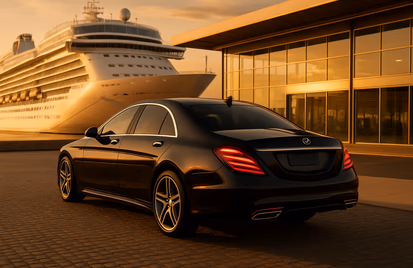 Black executive saloon parked outside a modern cruise terminal with a cruise ship in the background