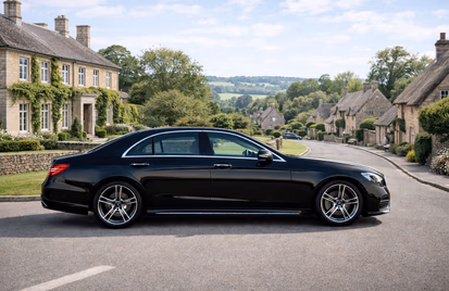 Black executive saloon parked in a village street