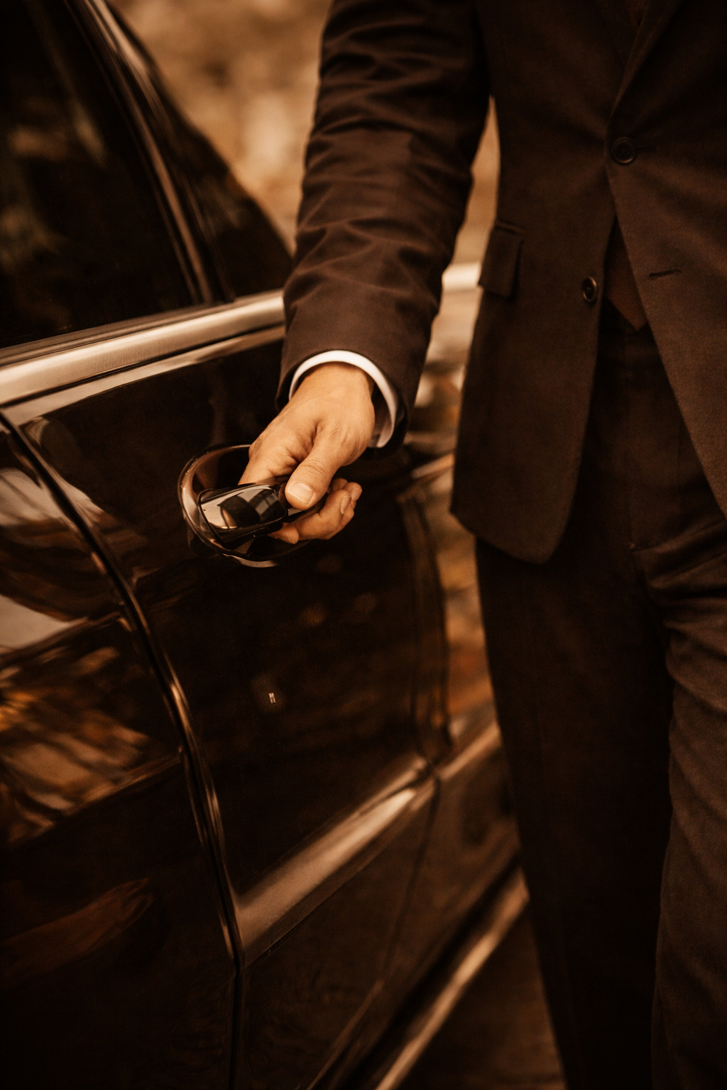 Chauffeur opening the door of a black executive car
