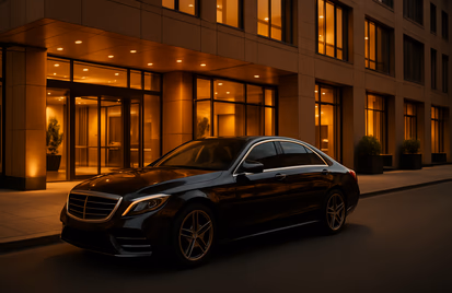 Black executive saloon parked outside a modern hotel or office building at dusk