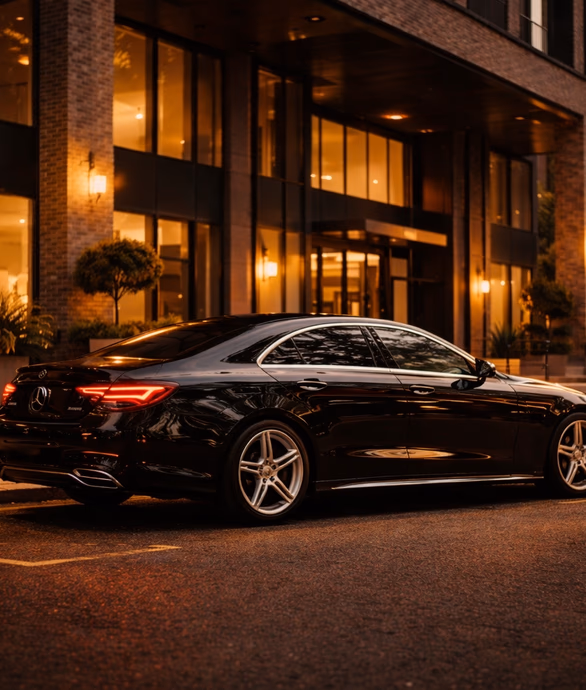 Black executive Mercedes saloon parked outside a modern hotel entrance